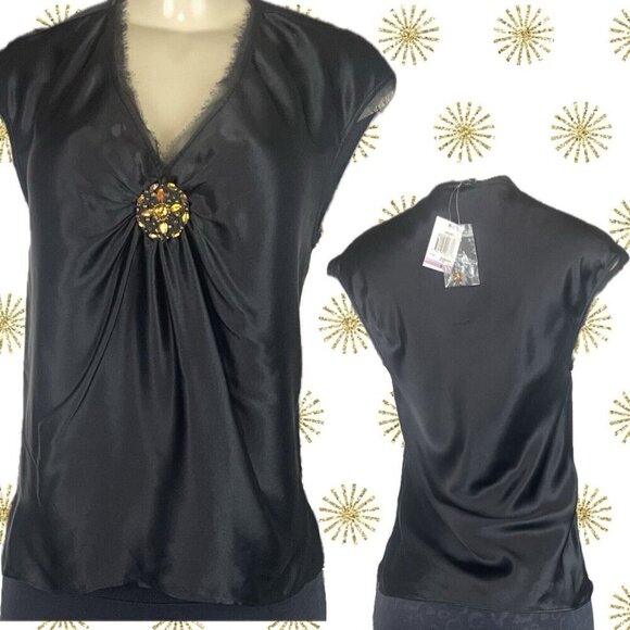 INC 6 Black 100% Silk Jewel Cinched V- Neck Raw Edge Mesh Trim Sleeveless Blouse - Picture 1 of 6